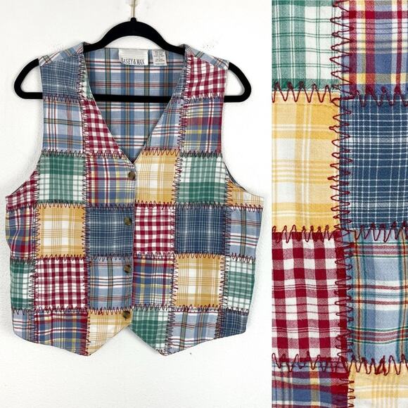Vintage Casey & Max Vest Patchwork Plaid Striped Cotton Waistcoat Large Unisex - Picture 1 of 4